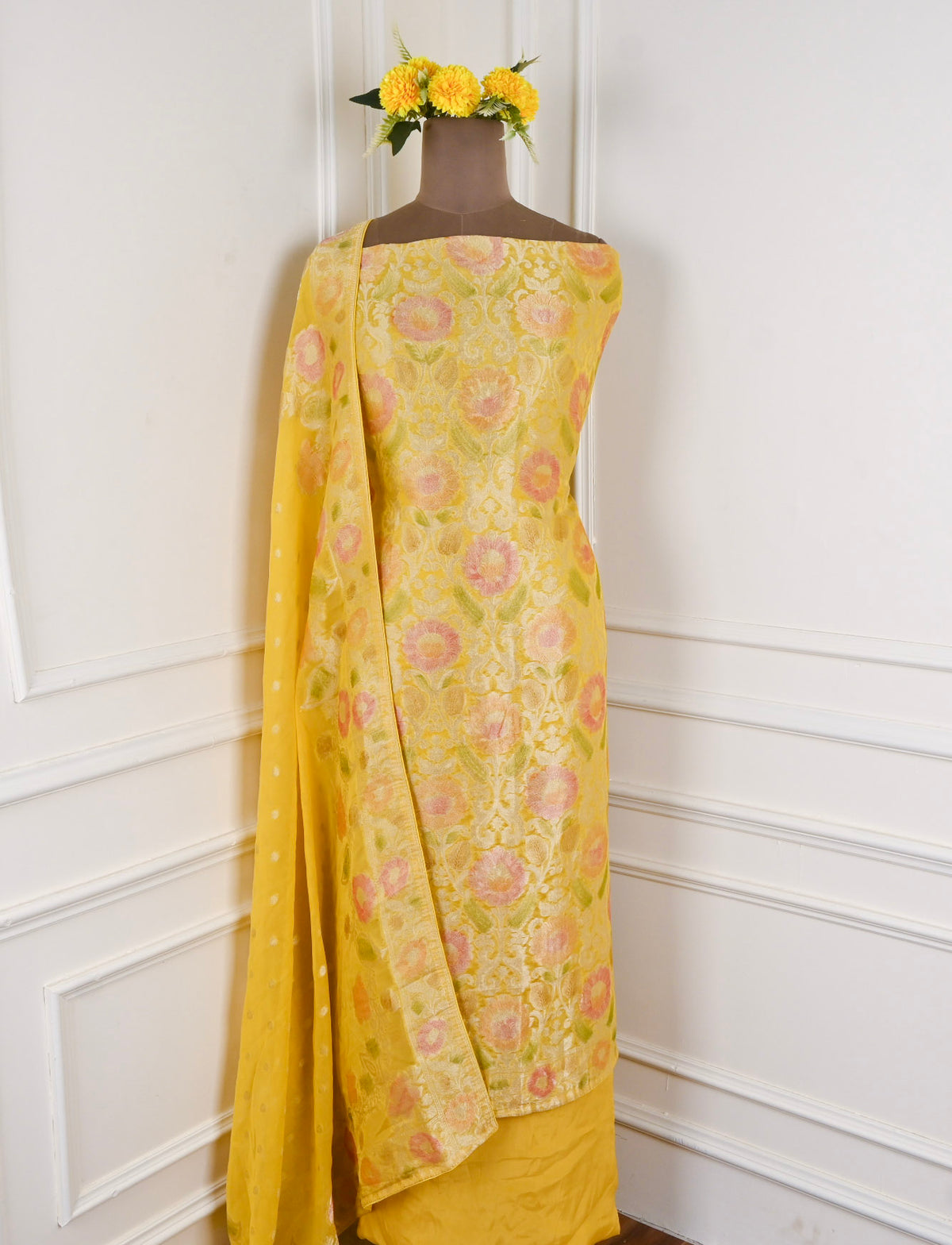 Banarasi Yellow Unstitched Suit