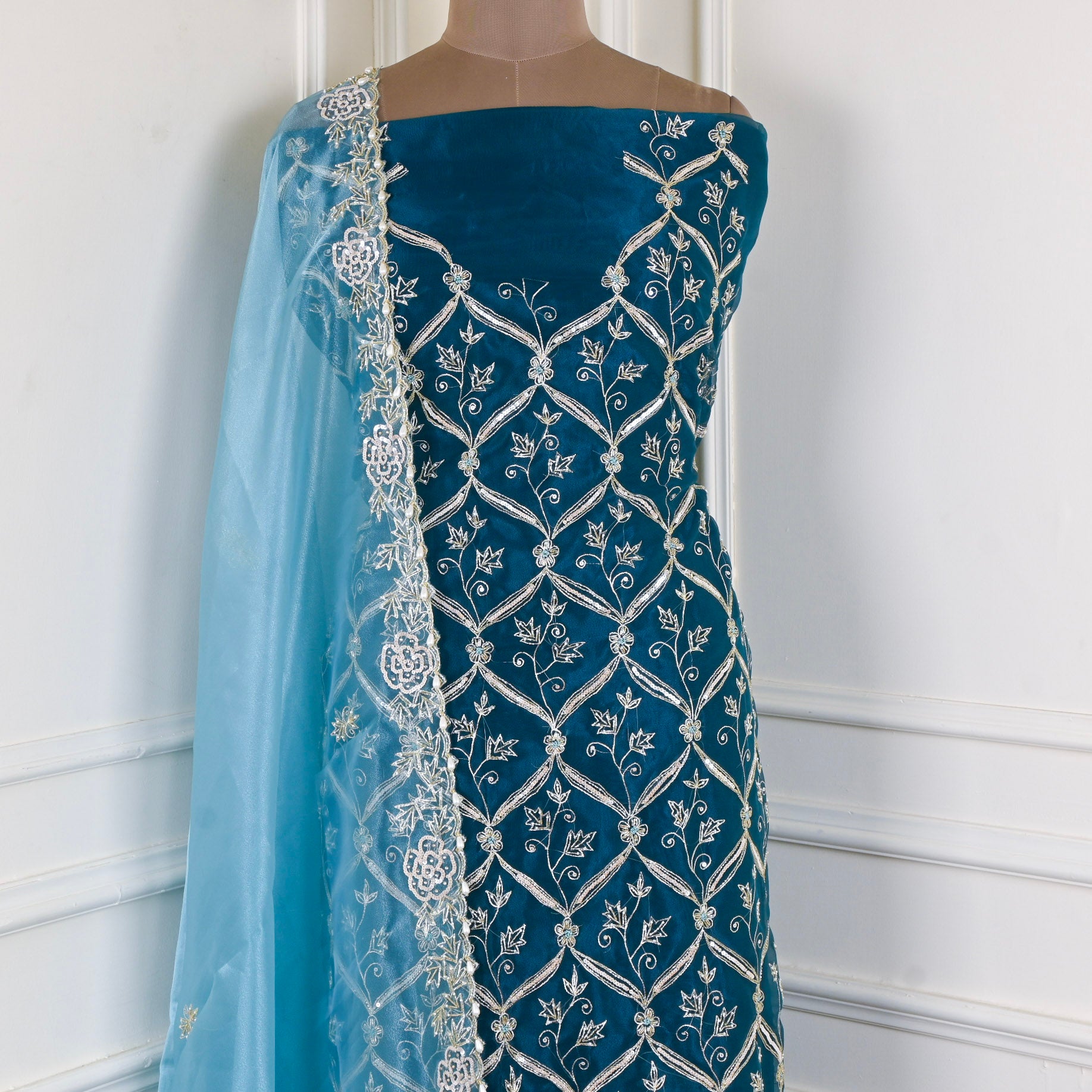 Glass Organza Navy Blue Unstitched Suit