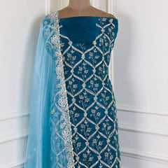 Glass Organza Navy Blue Unstitched Suit