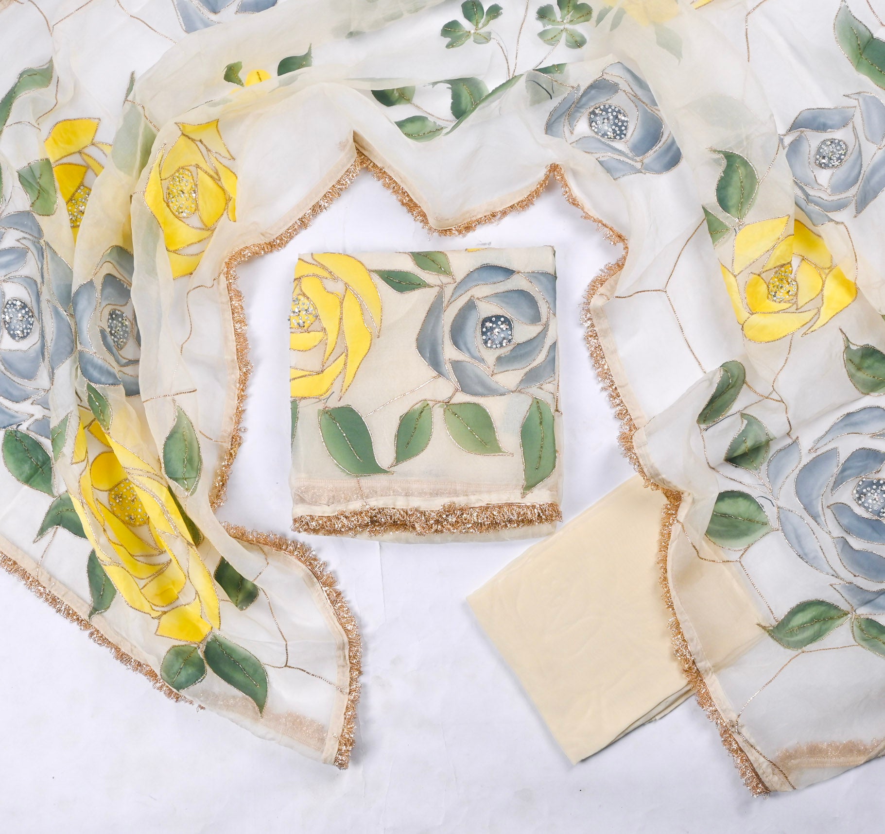 Organza White Unstitched Suit