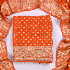 Banarasi Silk Orange Unstitched Suit