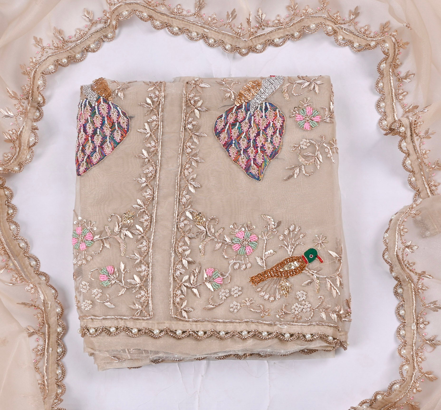 Glass Organza Beige Unstitched Suit