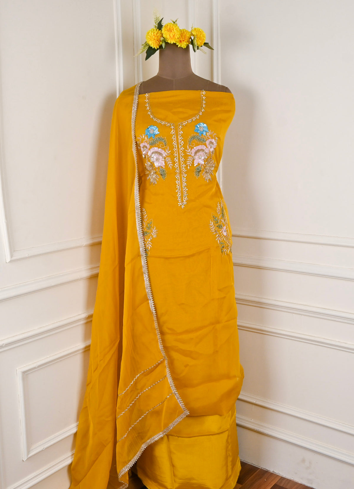 Organza Yellow Unstitched Suit