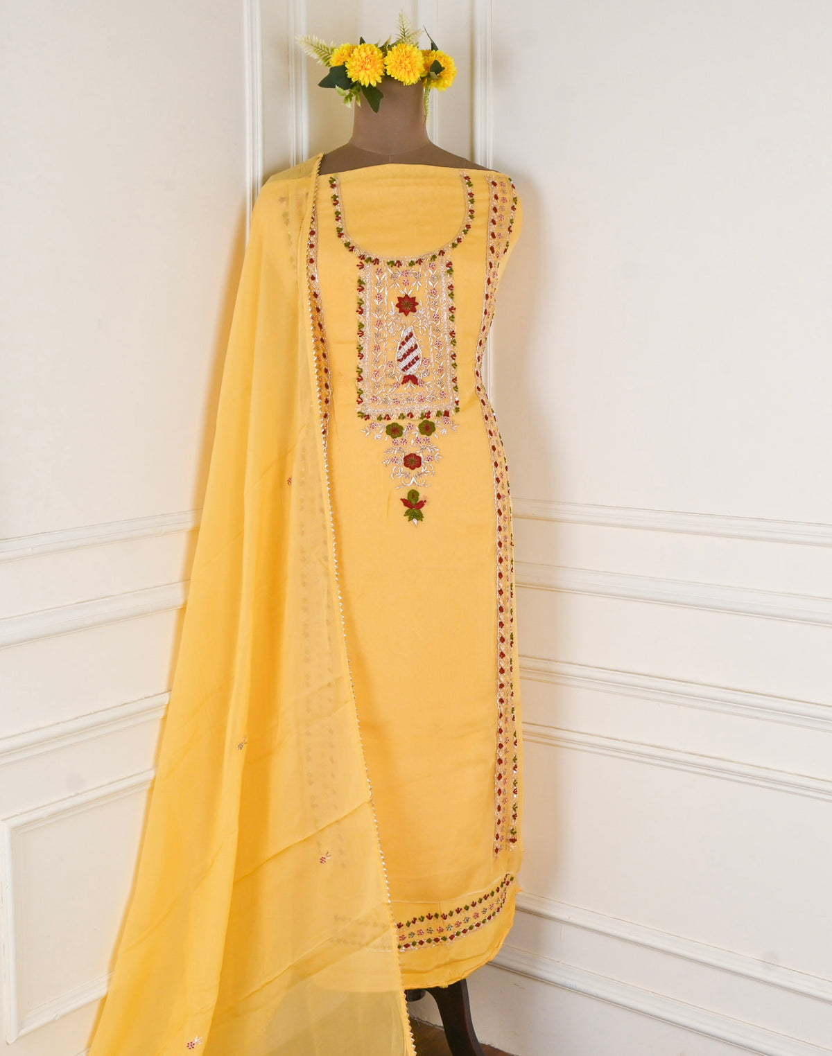 Organza Yellow Unstitched Suit
