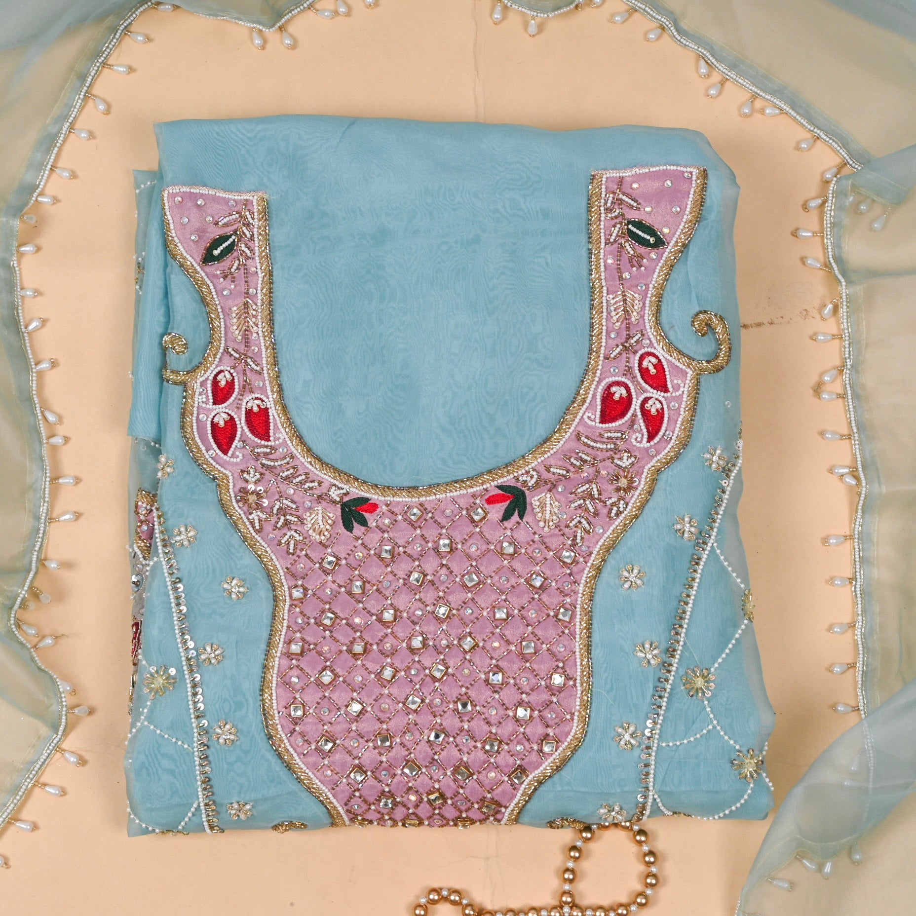 Organza Sky Blue Unstitched Suit