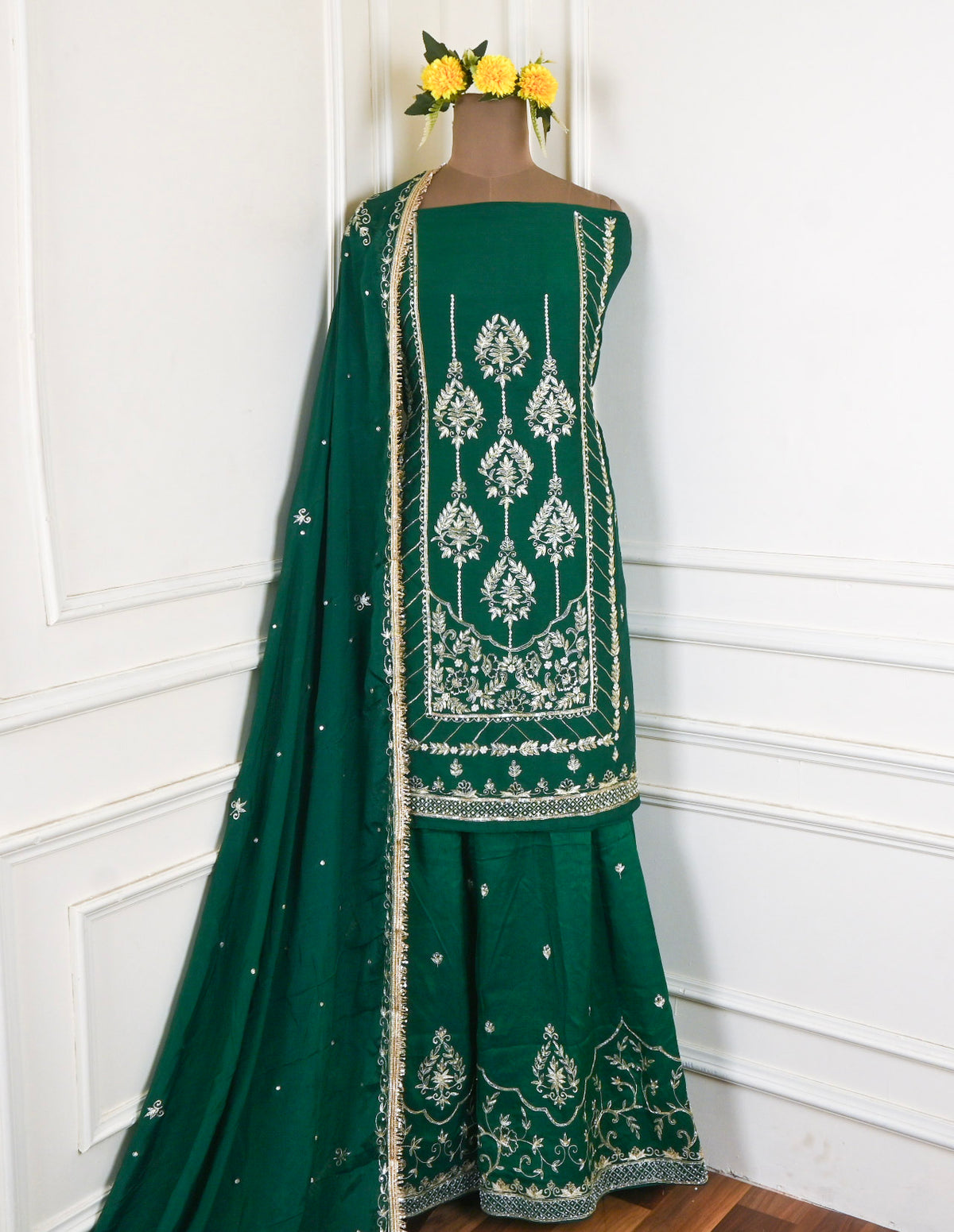 Khadi Green Unstitched Lehenga Suit