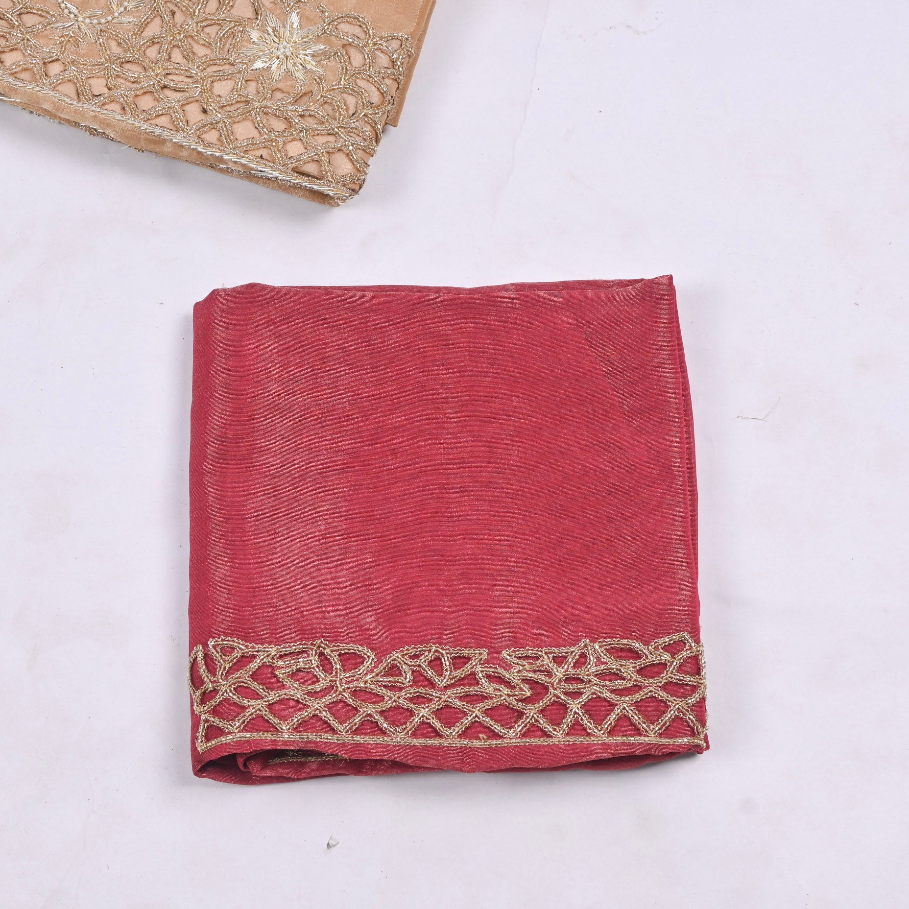 Glass Shimmer Beige Red Unstitched Suit