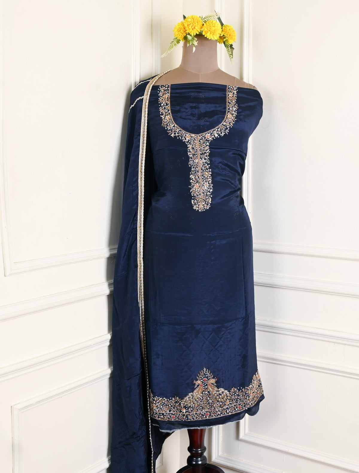 Silk Navy Blue Unstitched Suit
