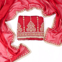 Organza Silk Red Unstitched Suit