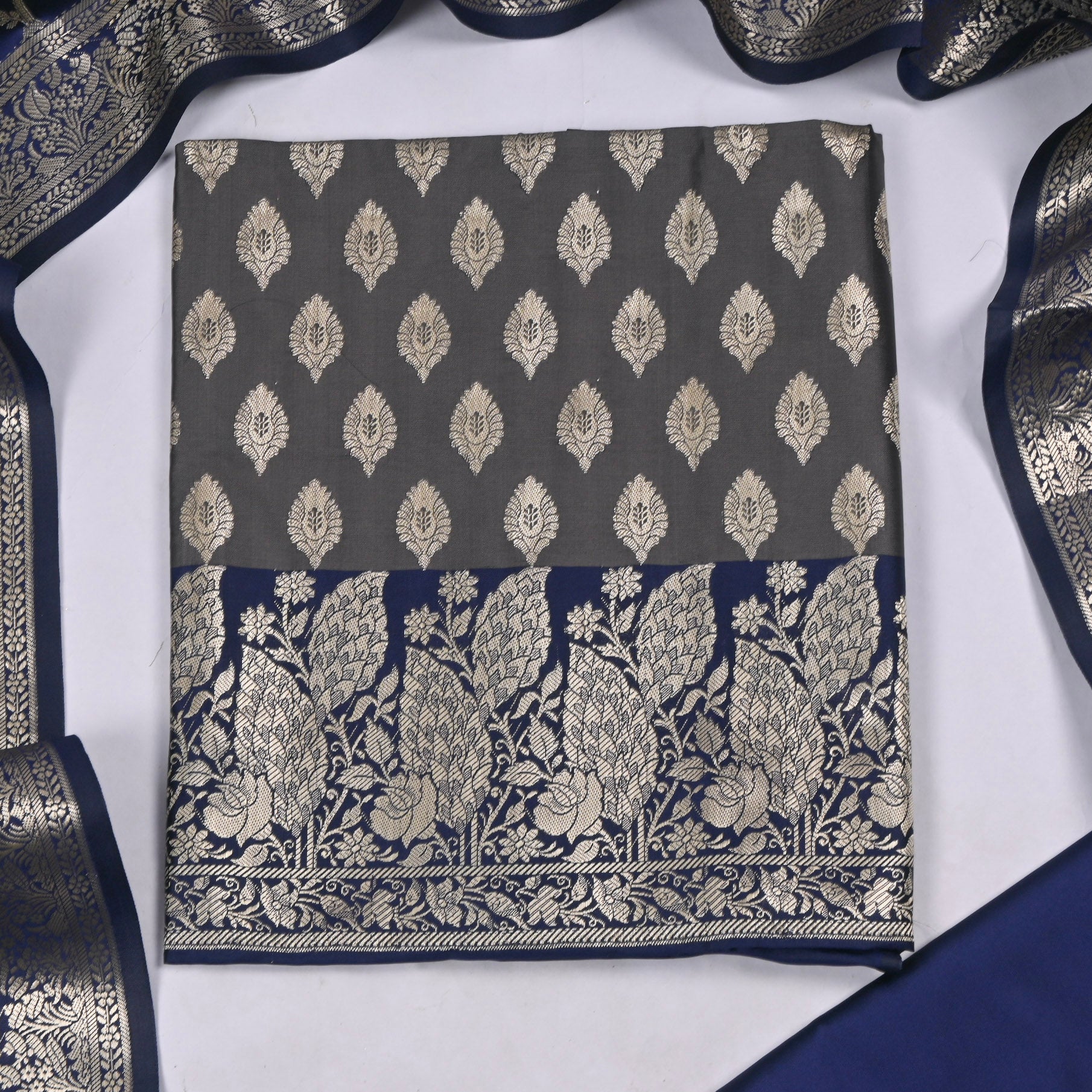 Banarasi Silk Grey Unstitched Suit