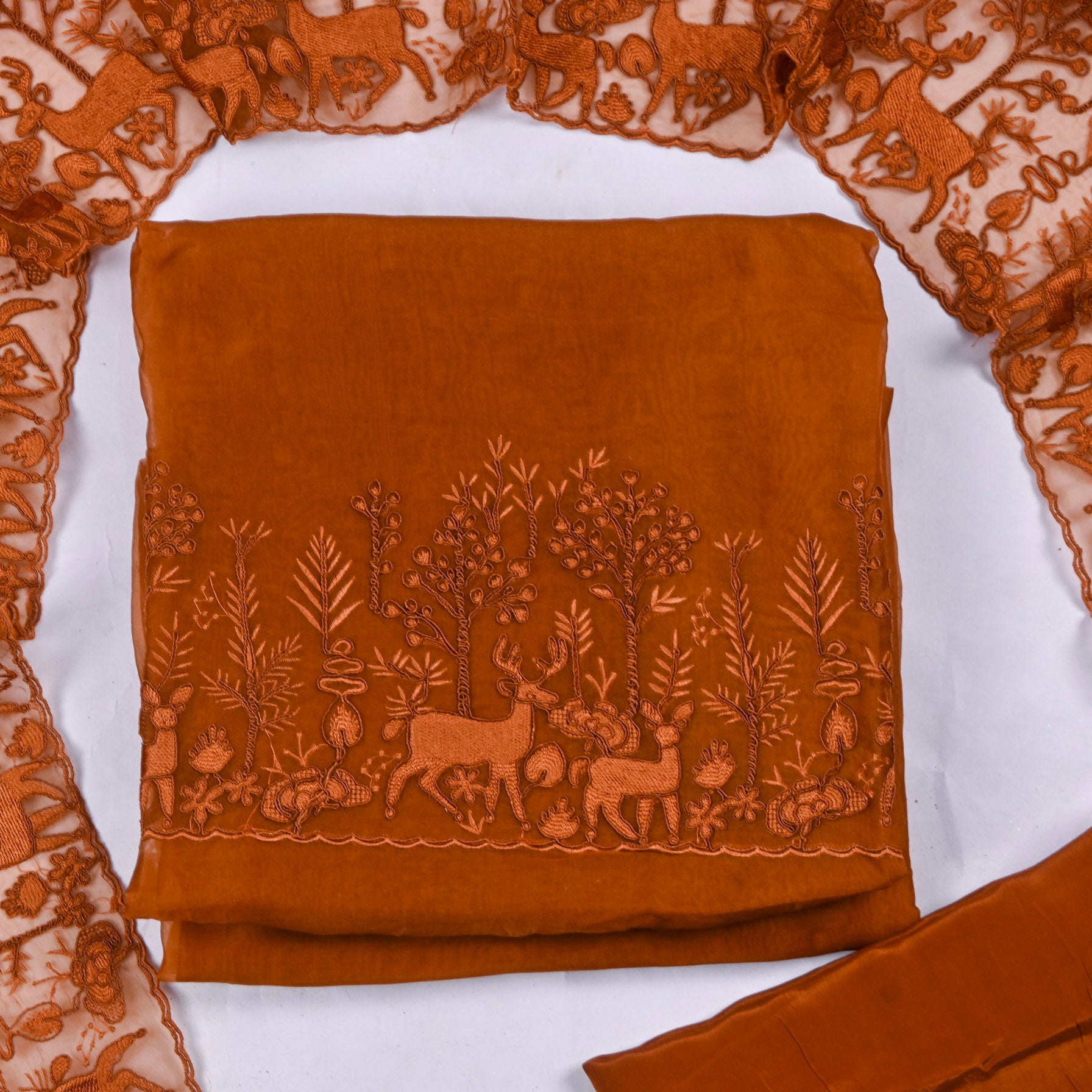 Organza Brown Unstitched Suit