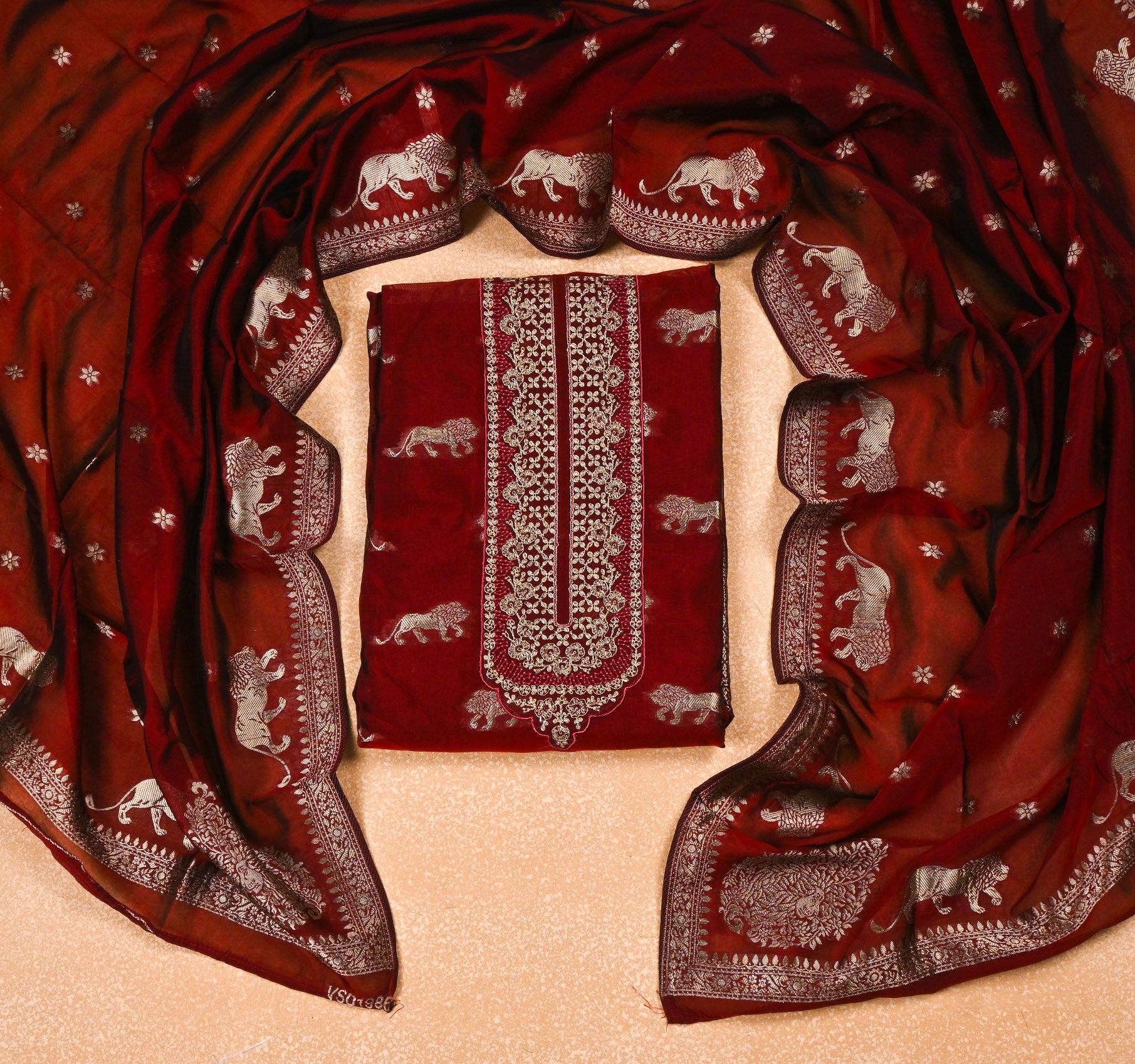 Banarasi Maroon Unstitched Suit