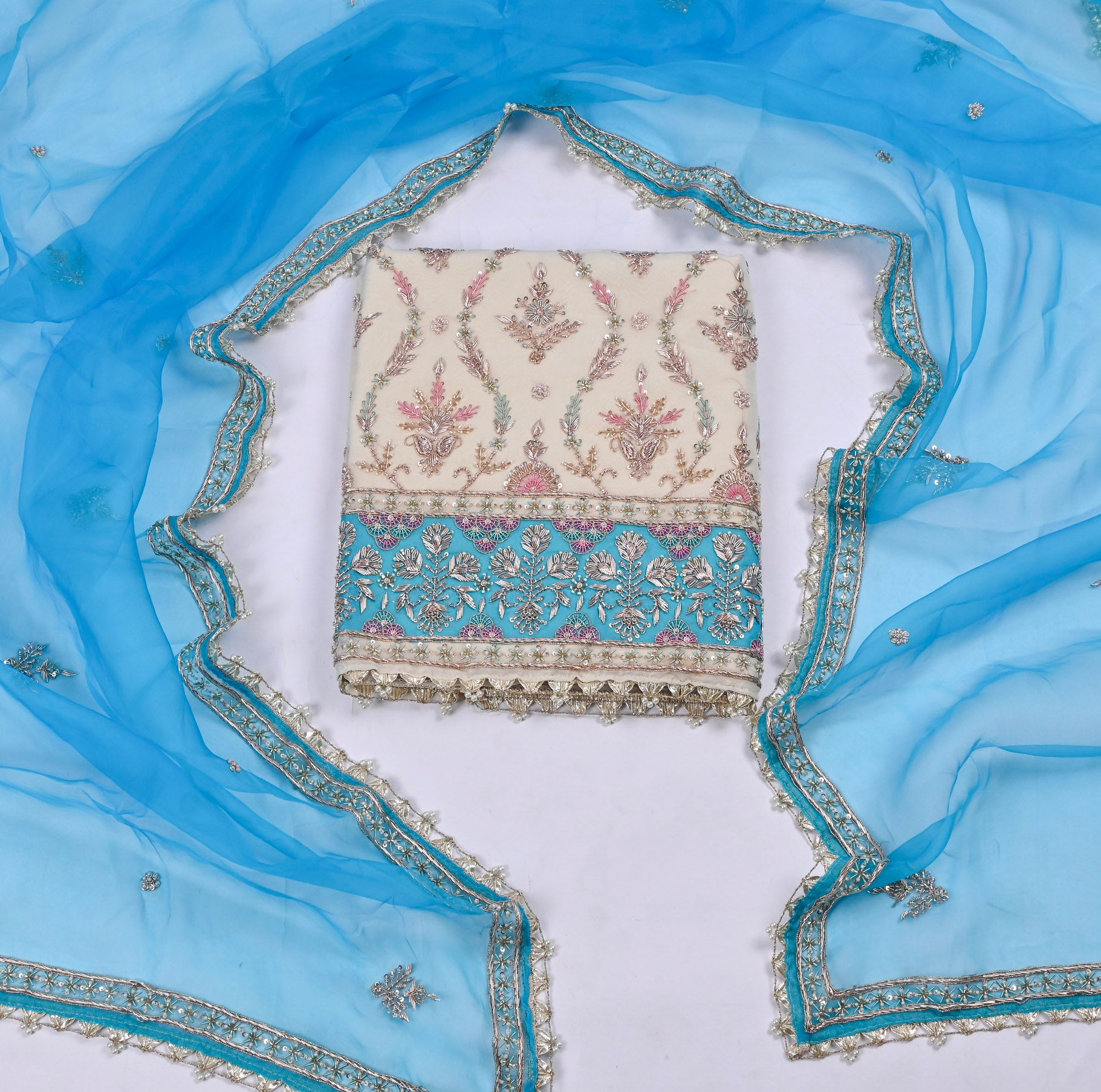 Organza Sky Blue Unstitched Suit