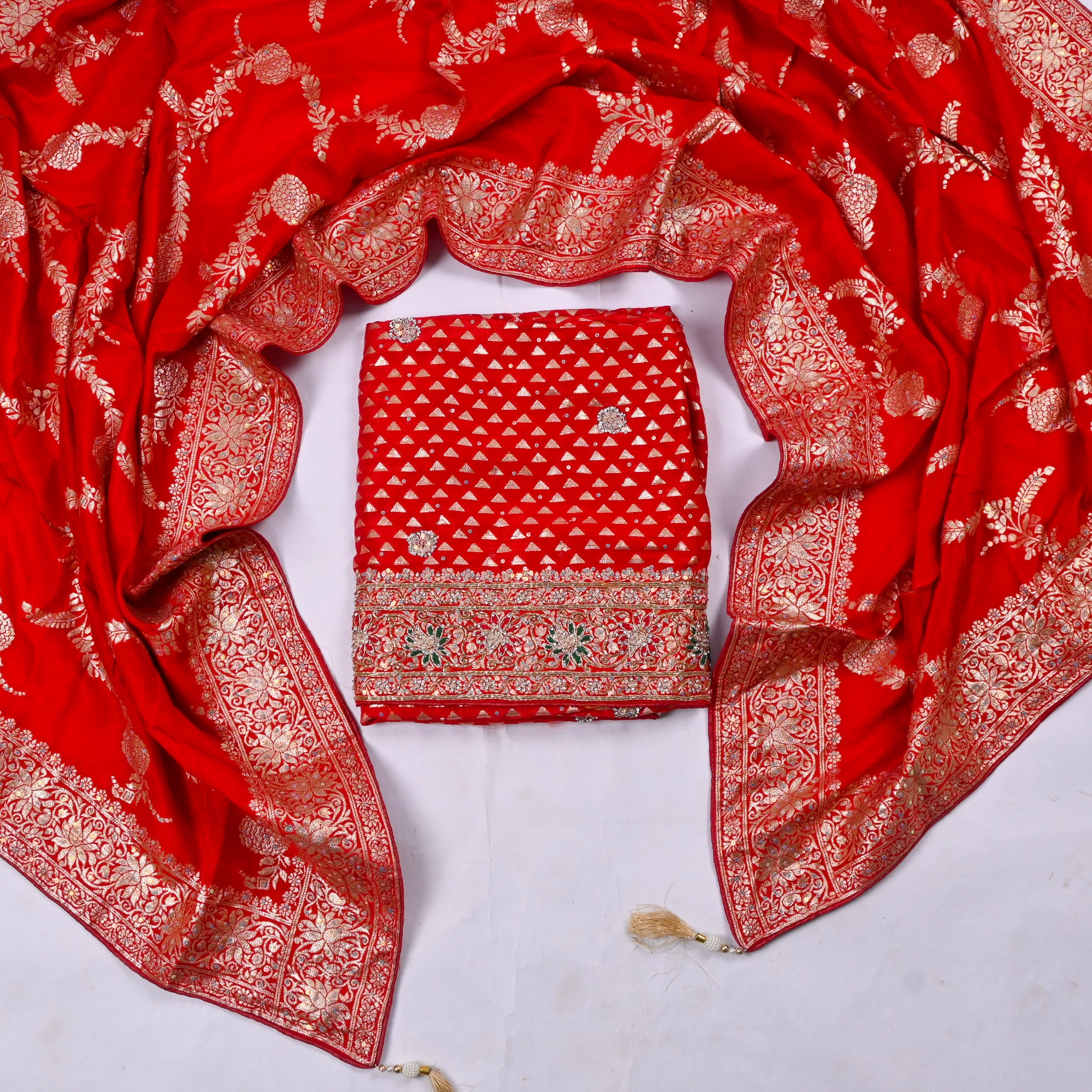 Banarasi Silk Red Unstitched Suit