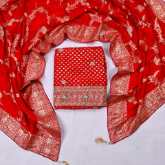 Banarasi Silk Red Unstitched Suit
