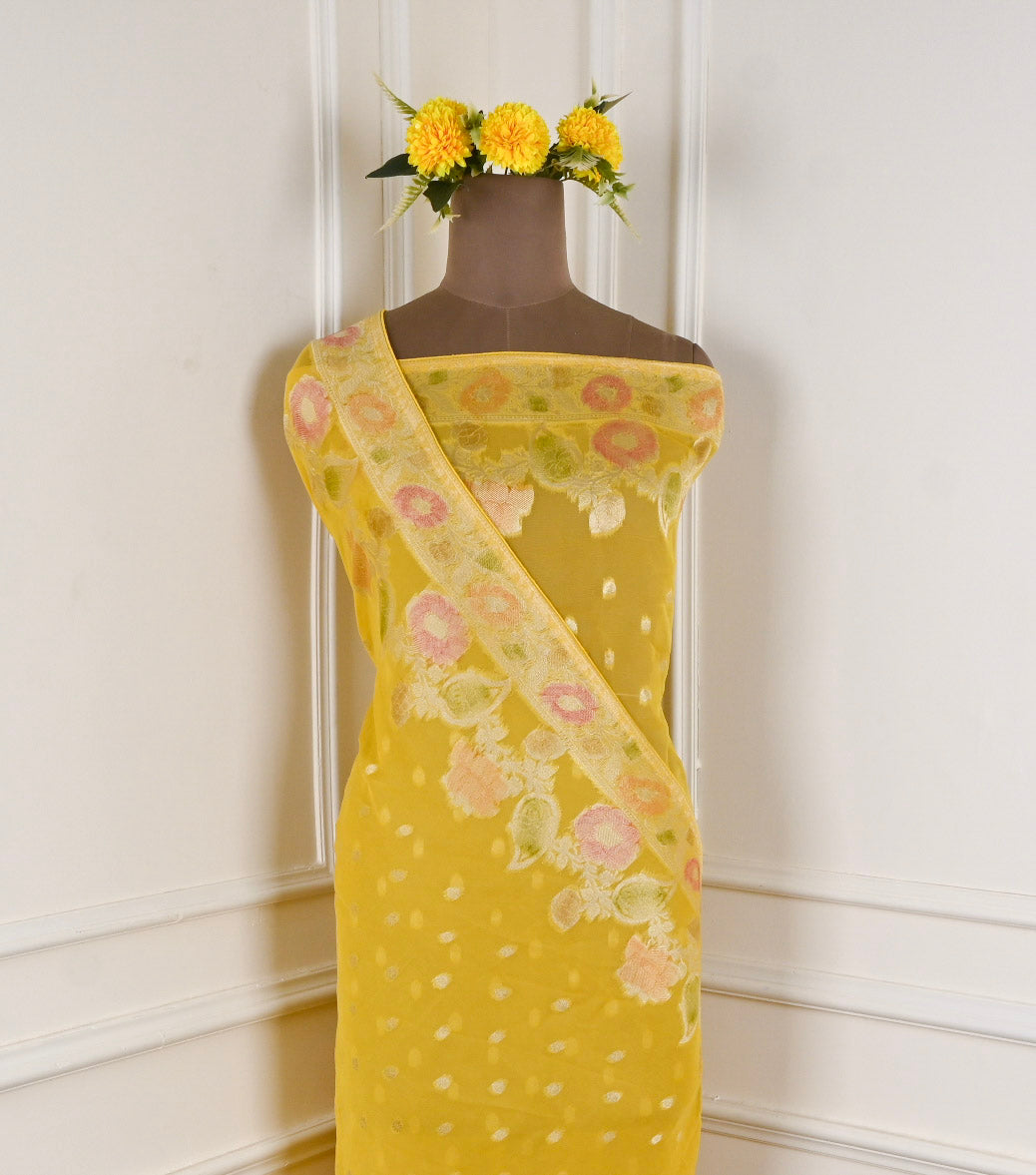 Banarasi Yellow Unstitched Suit