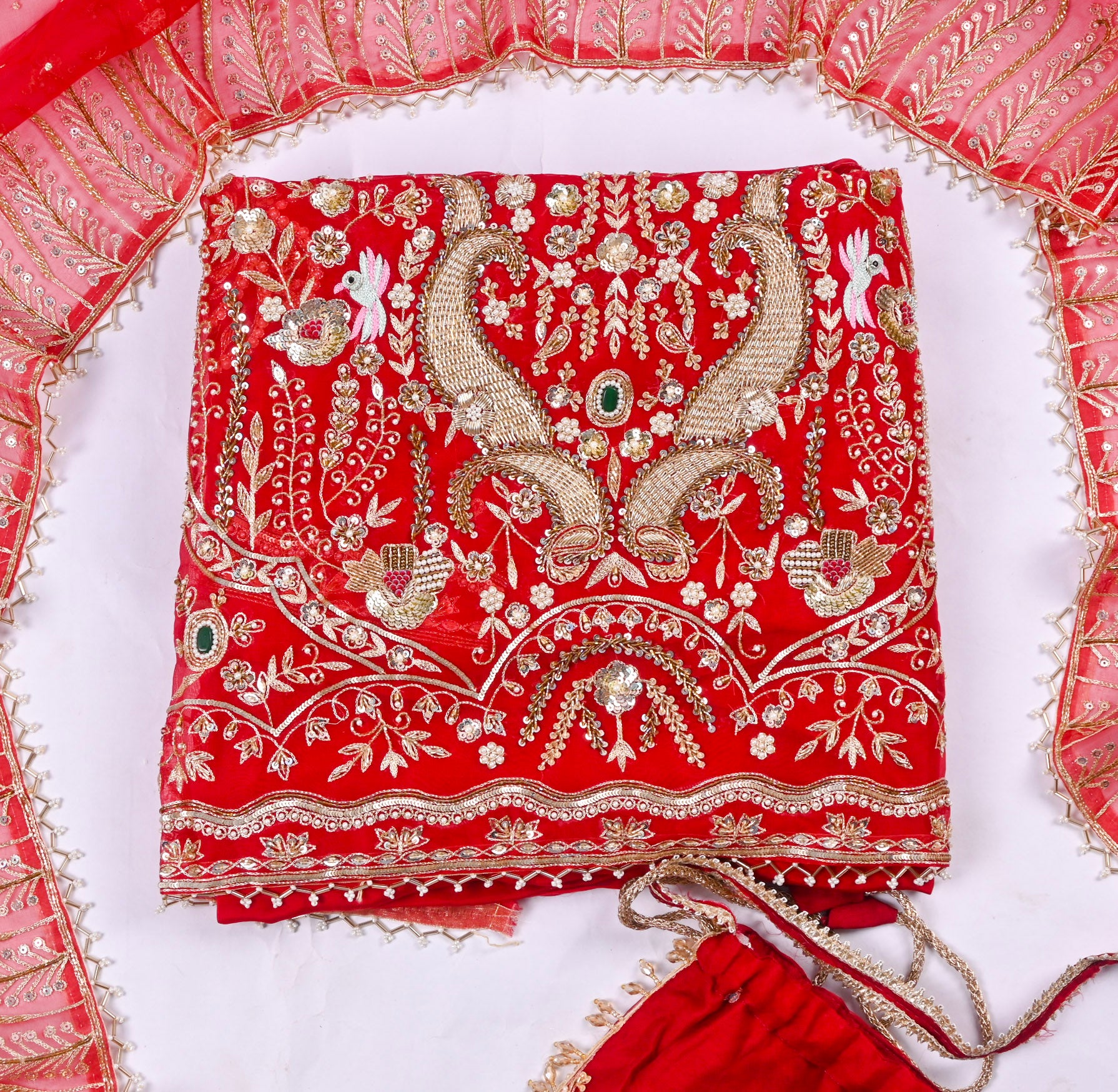 Organza Red Unstitched Suit