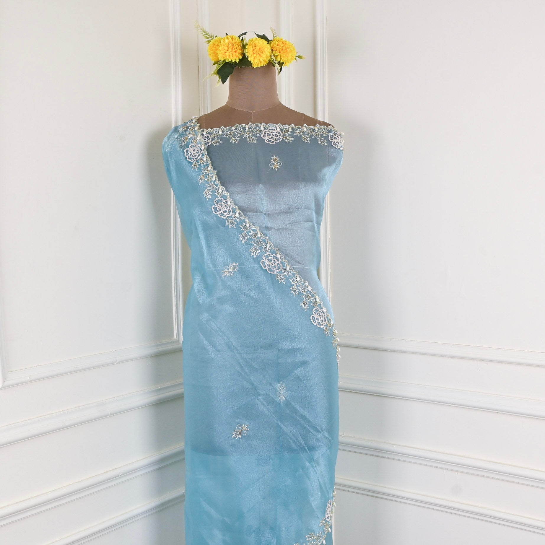 Glass Organza Navy Blue Unstitched Suit