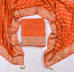 Banarasi Silk Orange Unstitched Suit