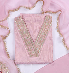 Banarasi Pink Unstitched Suit