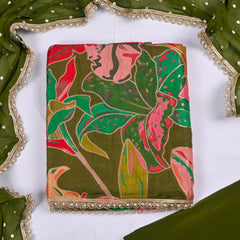 Banarasi Silk Green Unstitched Suit