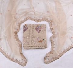 Glass Organza Beige Unstitched Suit