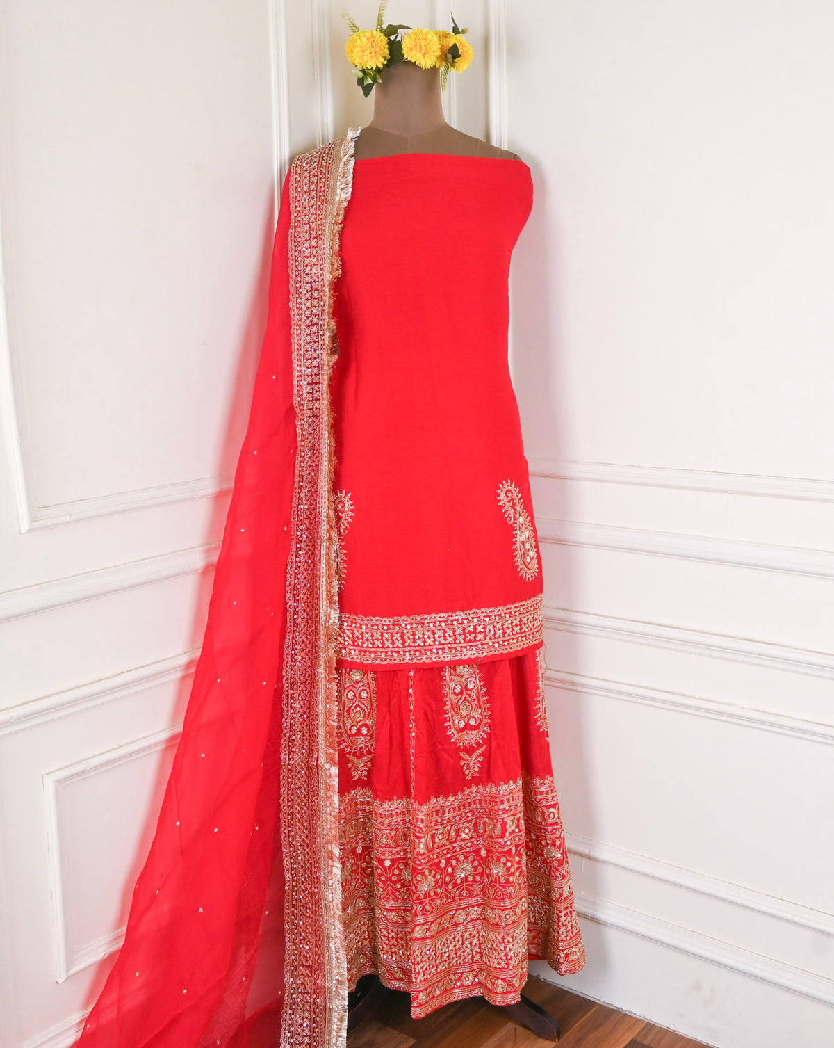Khadi Red Unstitched Lehenga Suit