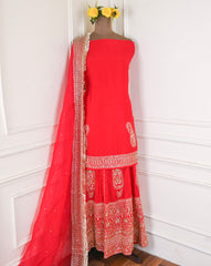 Khadi Red Unstitched Lehenga Suit