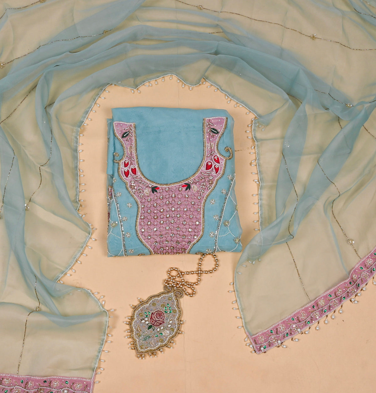 Organza Sky Blue Unstitched Suit