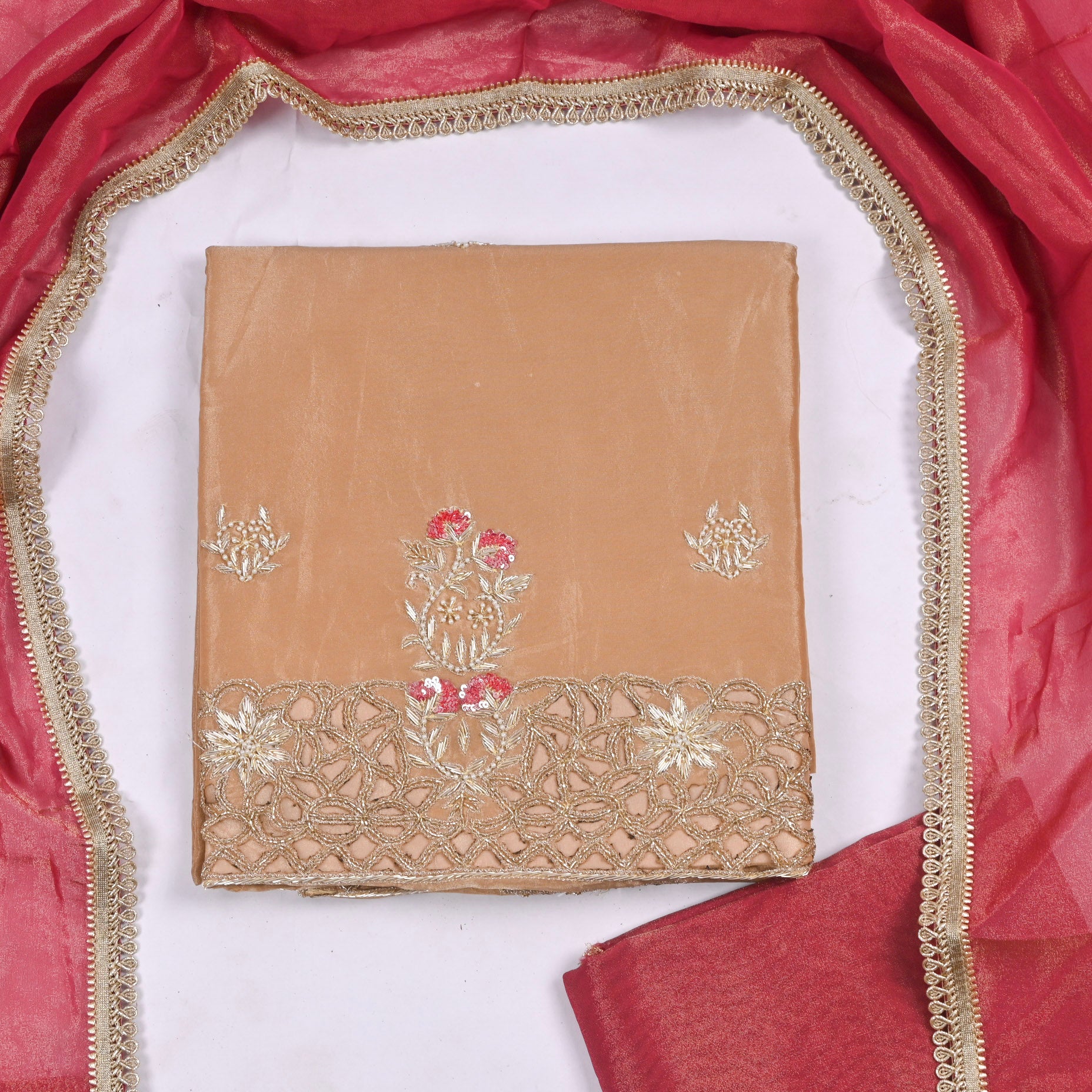 Glass Shimmer Beige Red Unstitched Suit