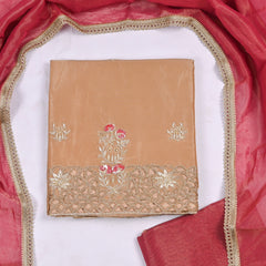 Glass Shimmer Beige Red Unstitched Suit