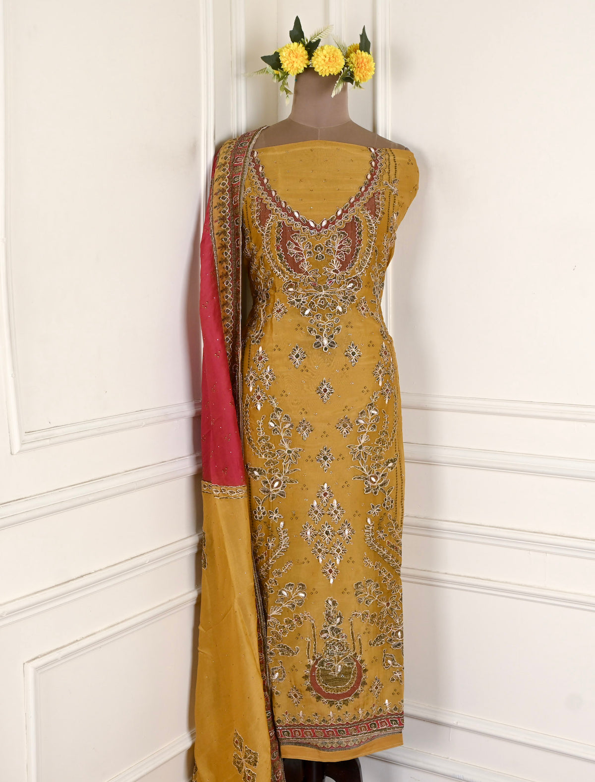 Organza Mustard Yellow Unstitched Suit
