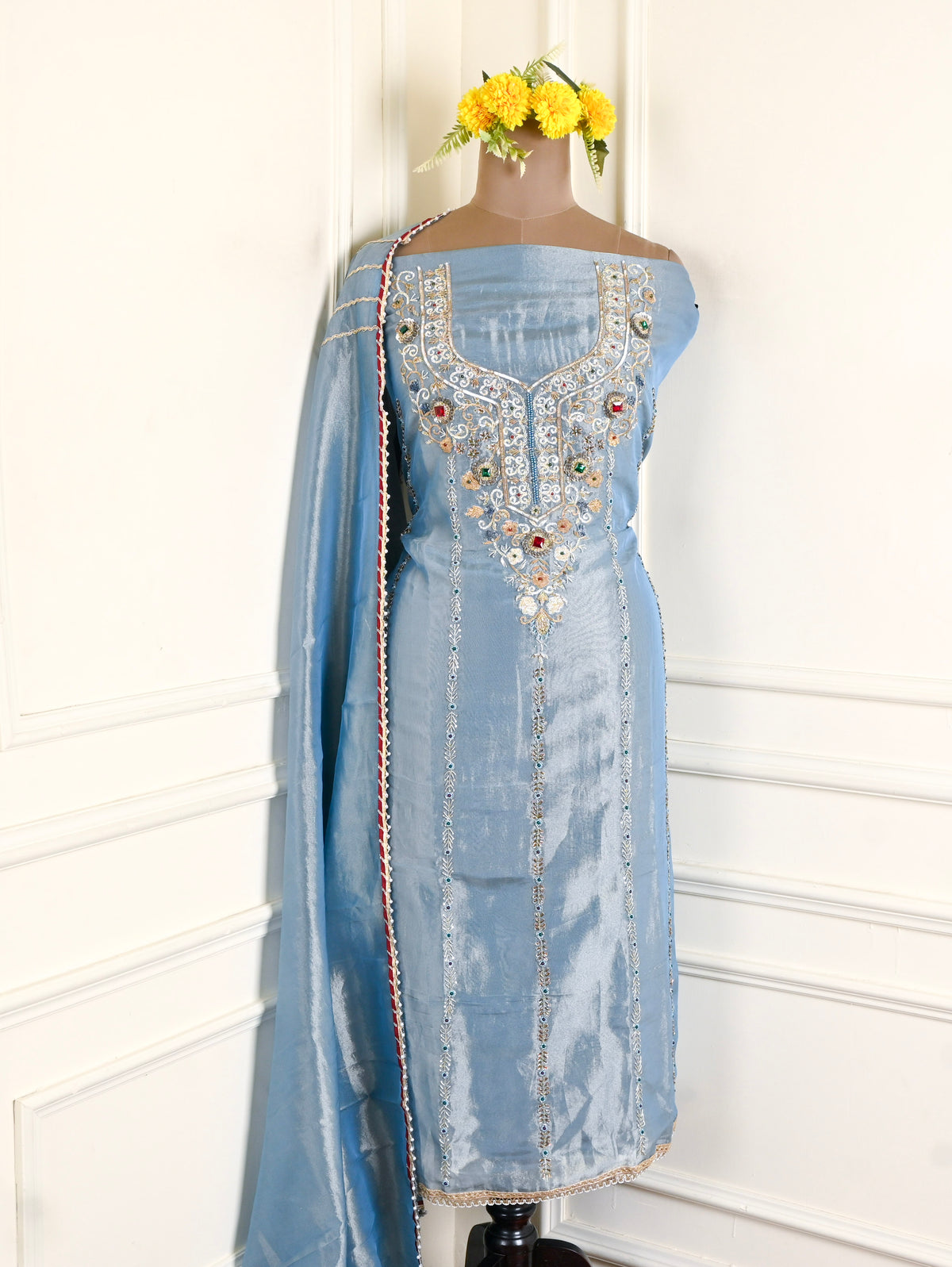 Shimmer Powder Blue Unstitched Suit