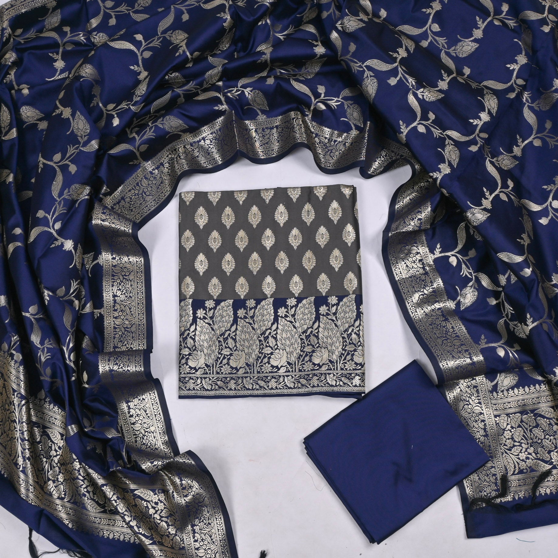 Banarasi Silk Grey Unstitched Suit