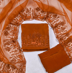 Organza Brown Unstitched Suit