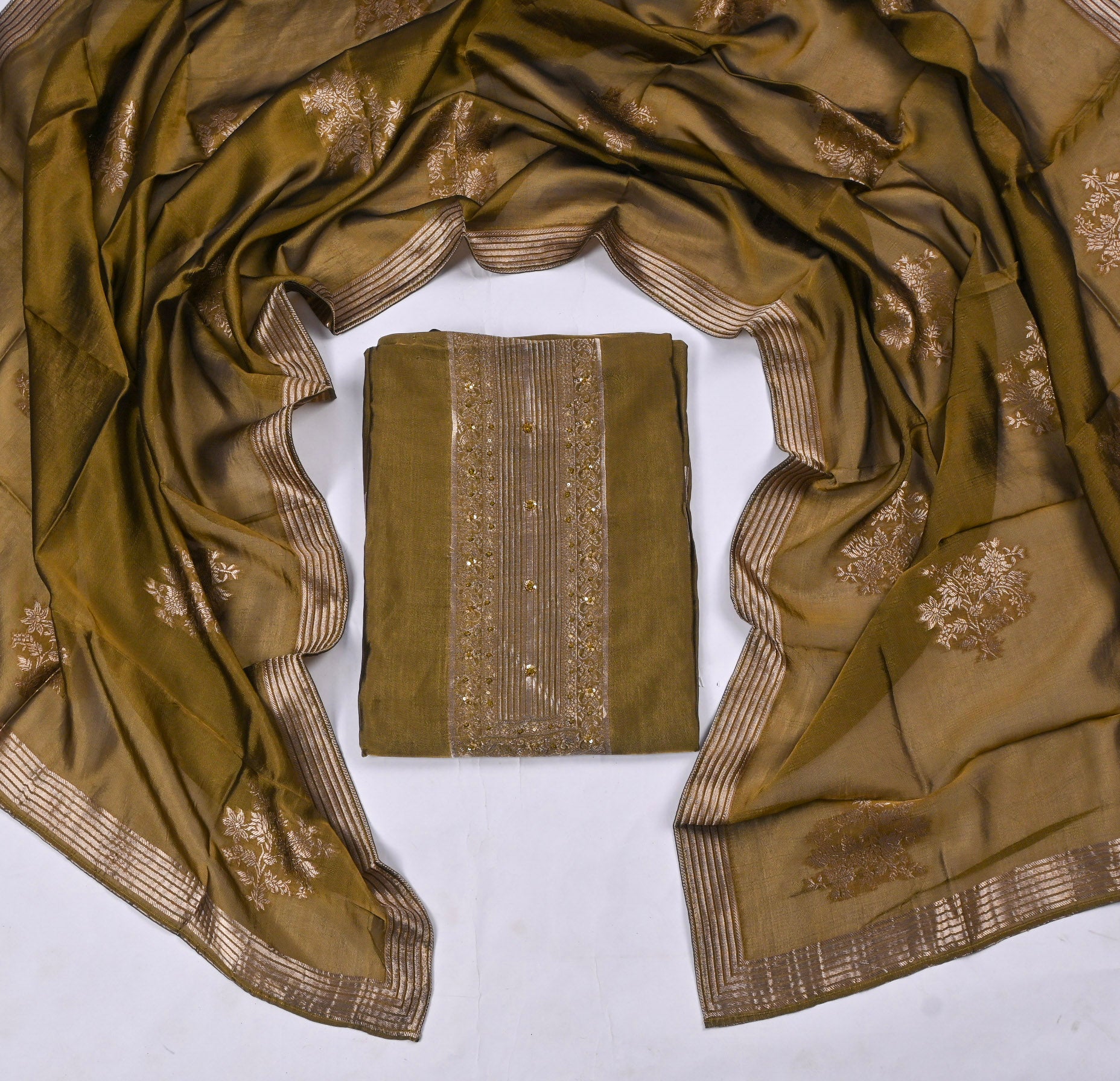 Banarasi Silk Mehandi Unstitched Suit