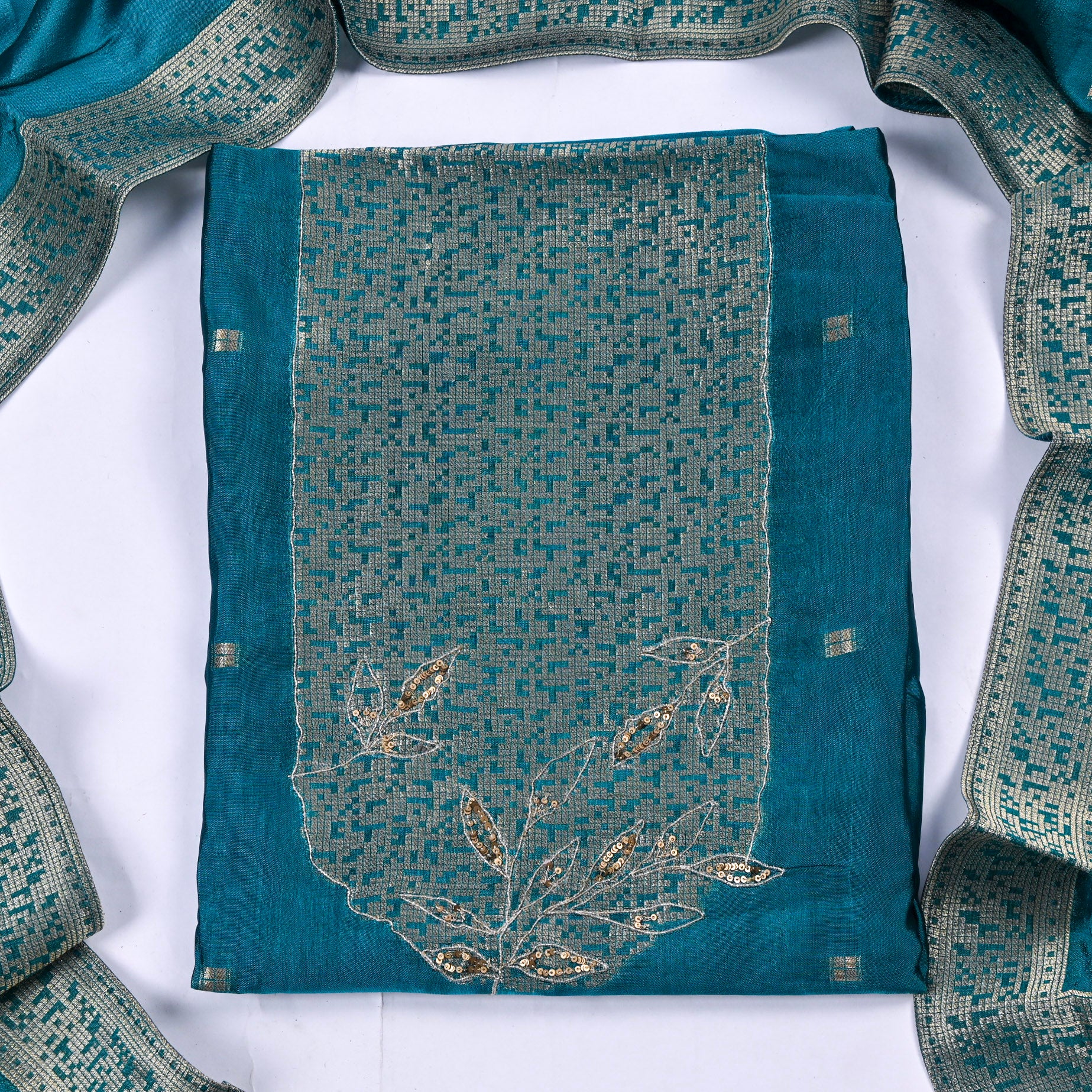 Banarasi Silk Teal Blue Unstitched Suit