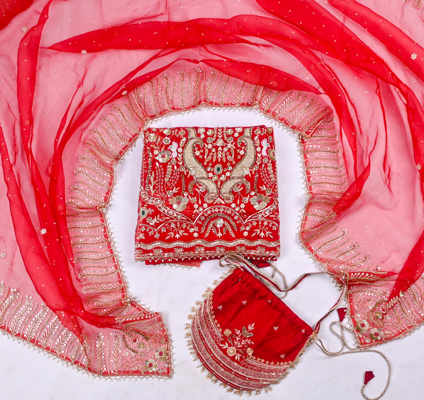 Organza Red Unstitched Suit