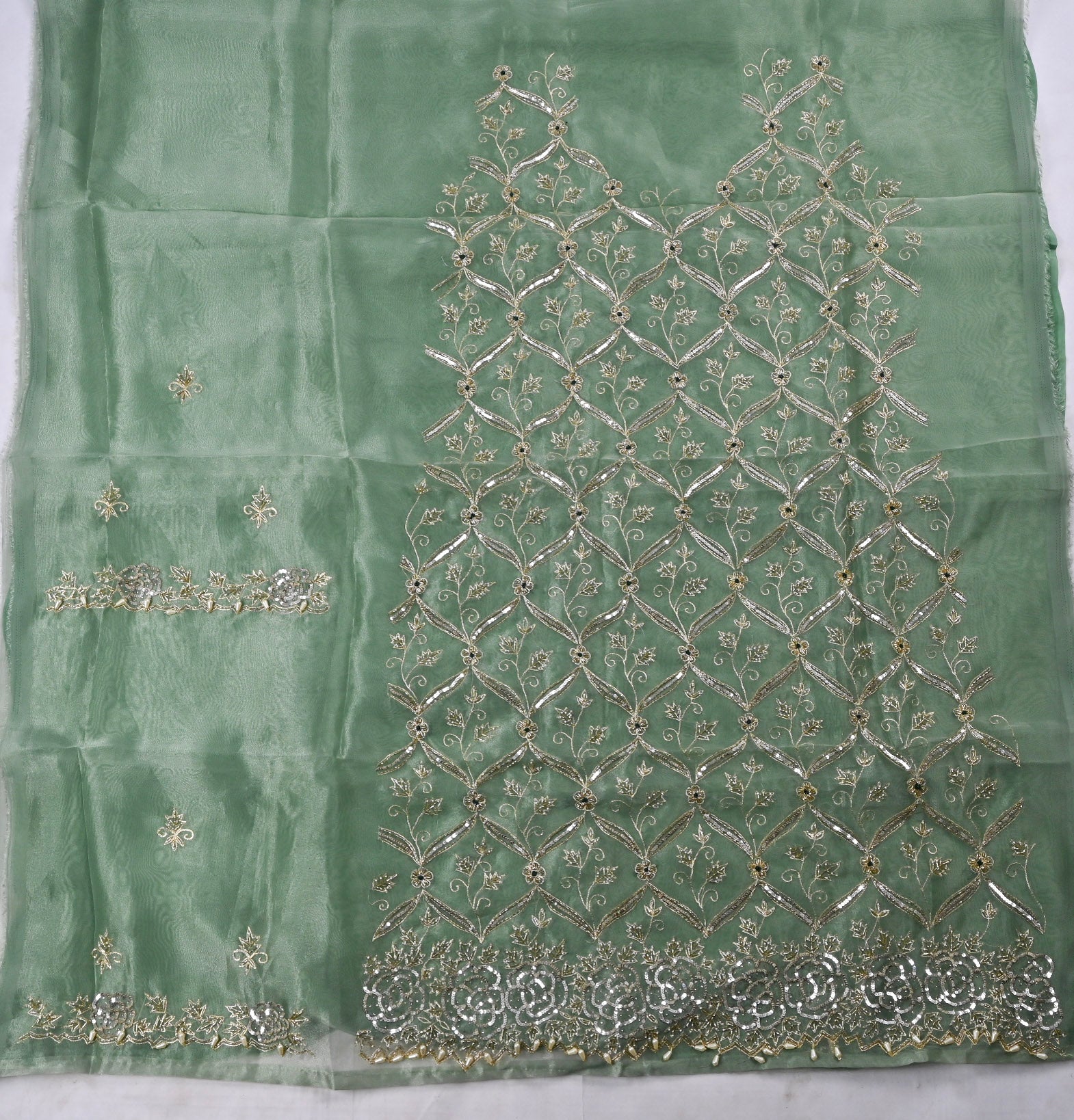 Glass Organza Pista Green Unstitched Suit