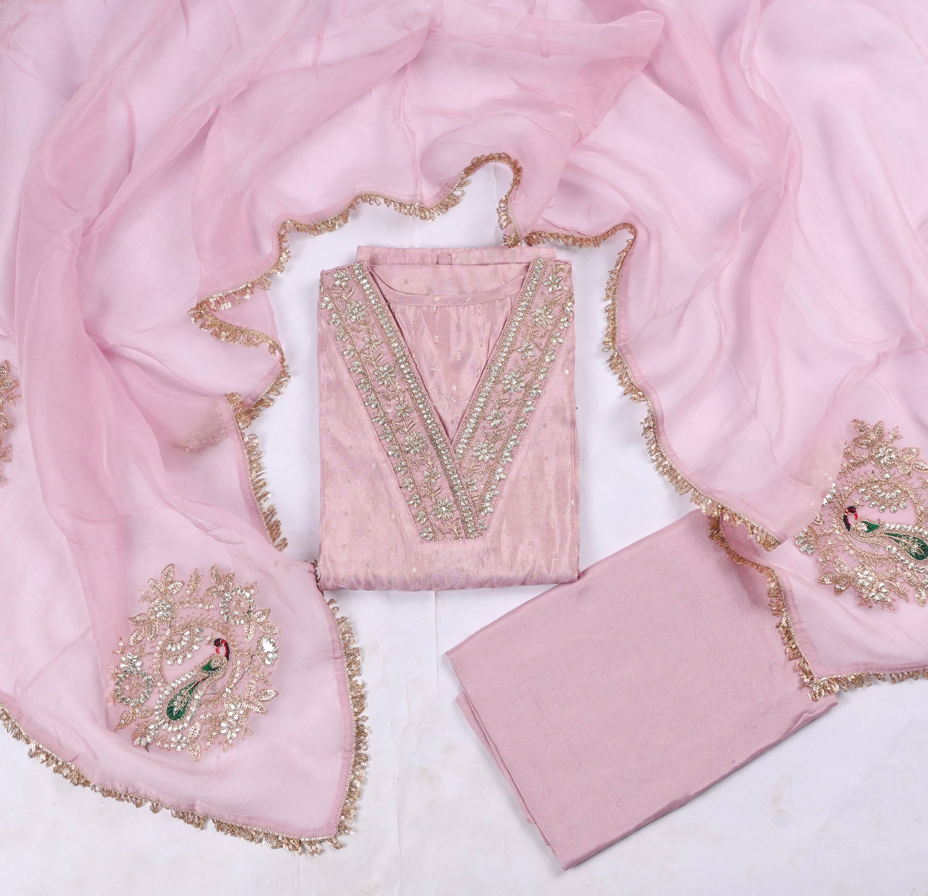 Banarasi Pink Unstitched Suit