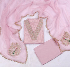 Banarasi Pink Unstitched Suit
