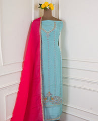 Shimmer Organza Sky Blue Unstitched Suit