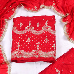 Khadi Red Unstitched Lehenga Suit