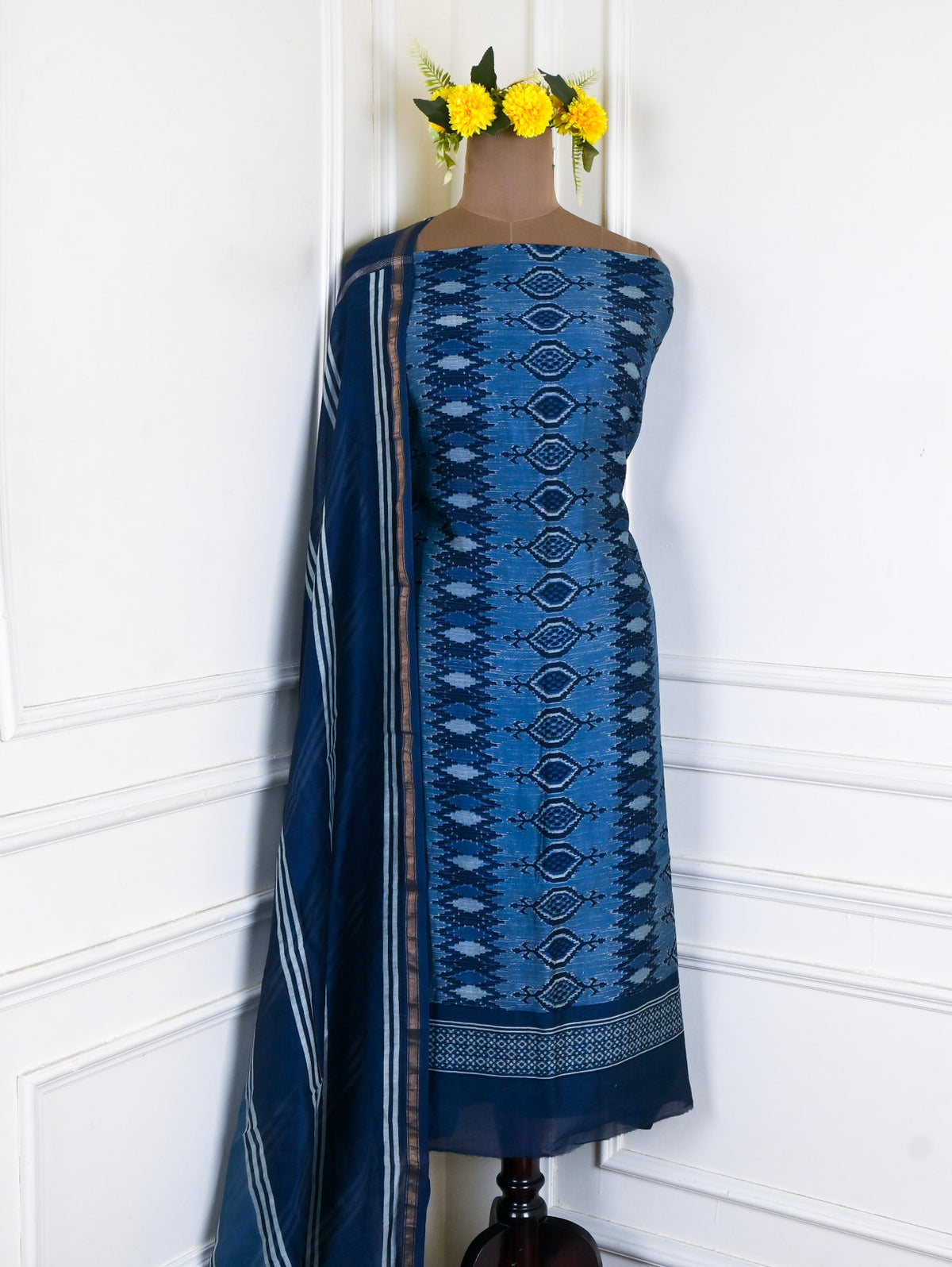 Maheshwari Cotton Navy Blue Unstitched Suit