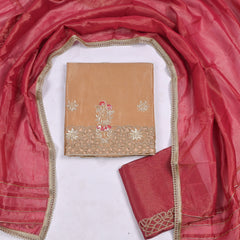 Glass Shimmer Beige Red Unstitched Suit