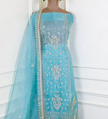 Glass Sky Blue Unstitched Lehenga Suit