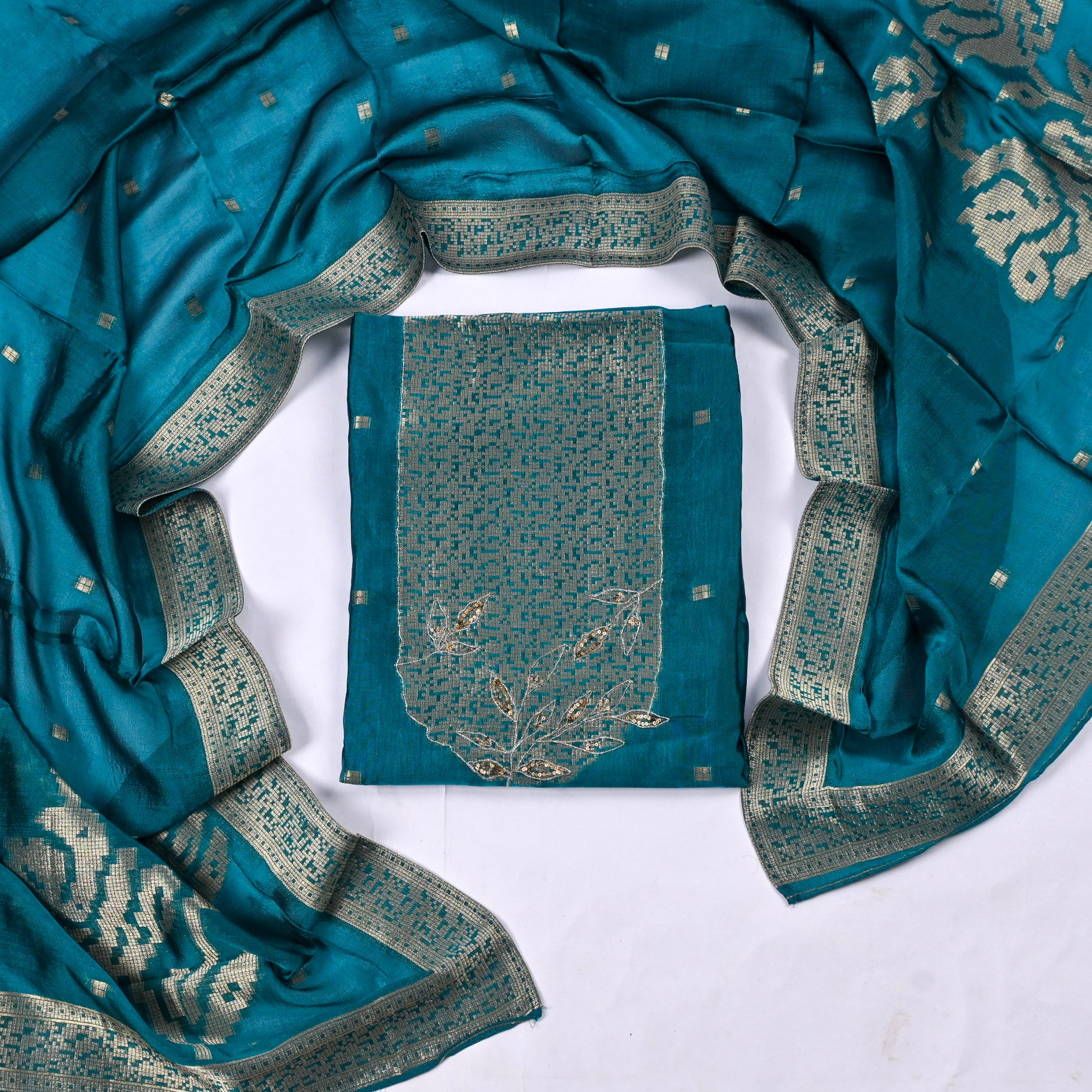 Banarasi Silk Teal Blue Unstitched Suit