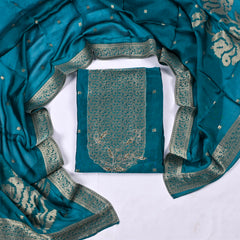 Banarasi Silk Teal Blue Unstitched Suit