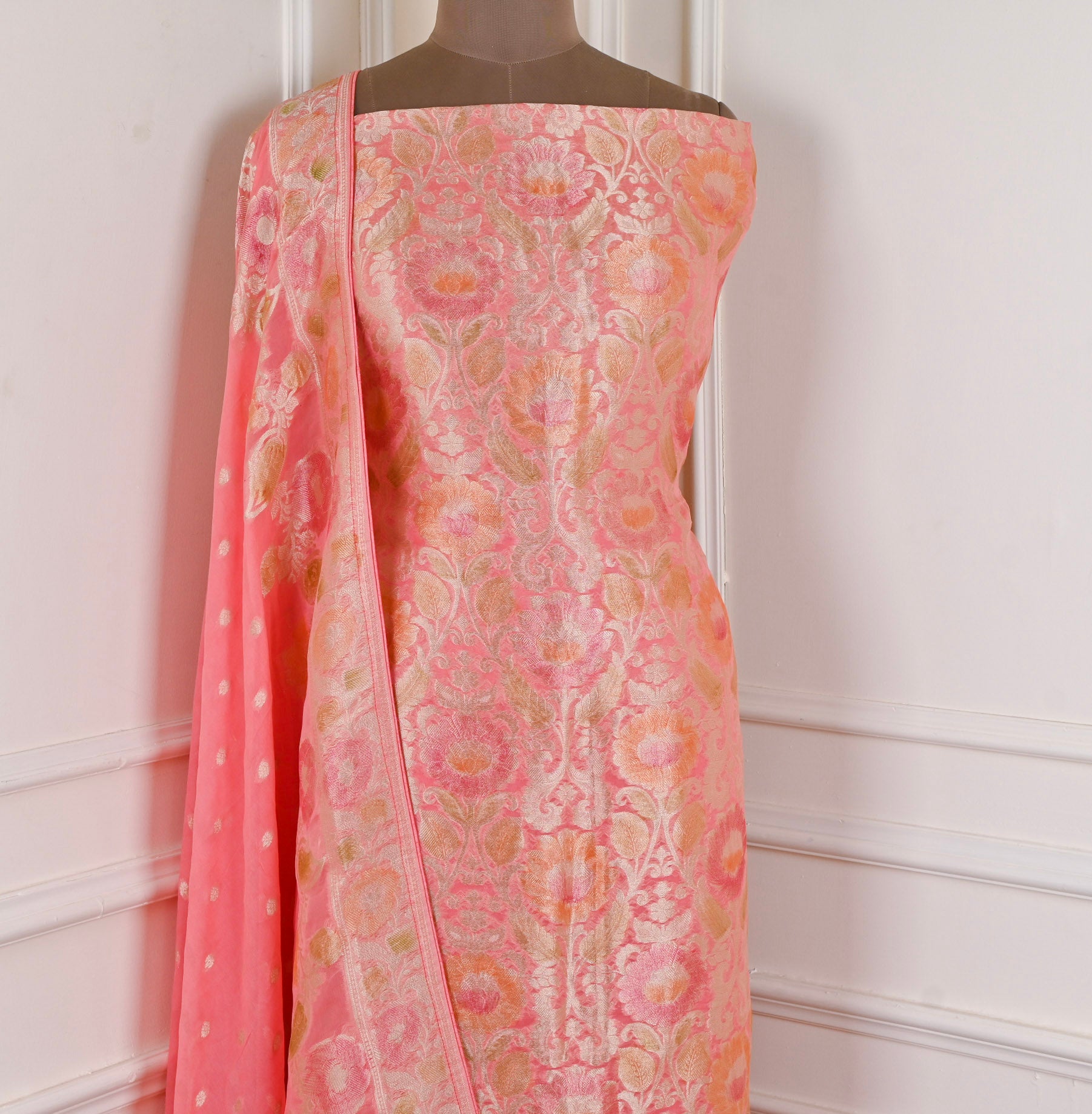 Banarasi Peach Unstitched Suit