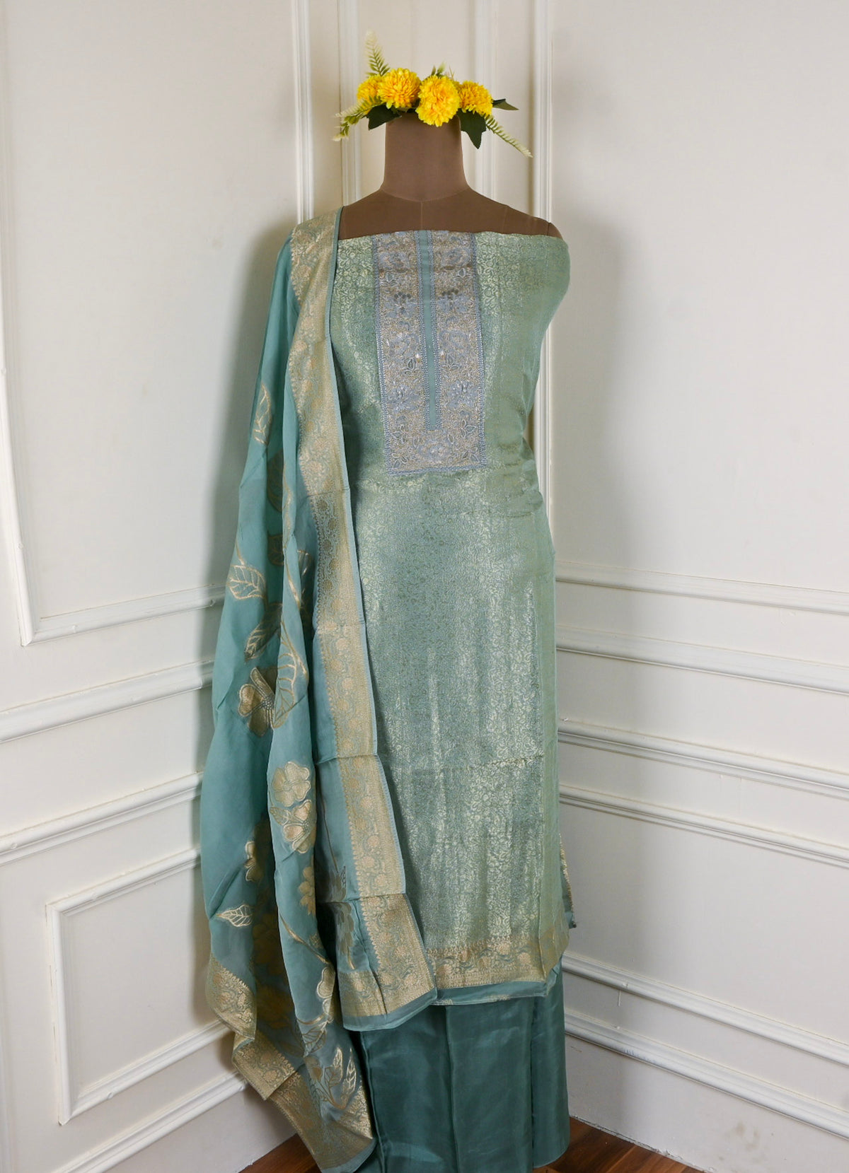 Banarasi Silk Pista Green Unstitched Suit